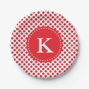 Plato De Papel Rojo monogramado sobre Punto de Polka Blanco