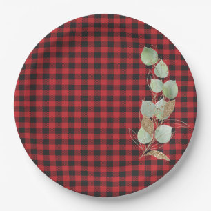 Plato De Papel Rojo Negro Búfalo Cuadros Brillo Sage Botánico