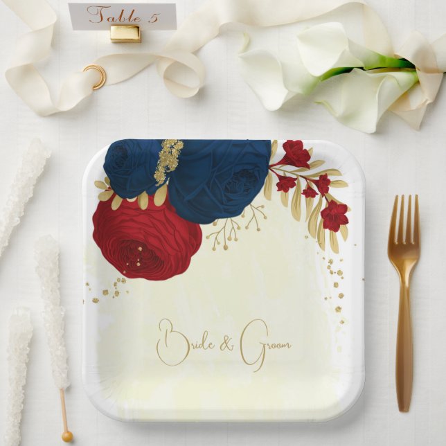 Plato De Papel Rojo oscuro romántico y flores azul marino oro (Boda)