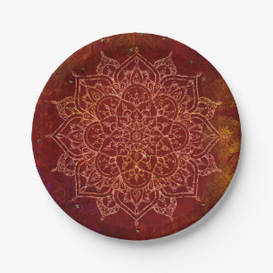Plato De Papel Rojo Óxido Mandala Oro Glam Moderno Chic