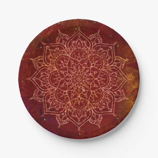 Plato De Papel Rojo Óxido Mandala Oro Glam Moderno Chic (Anverso)
