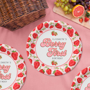 Plato De Papel Rojo Rústico Fresa Patrón Niña Primera Fresa
