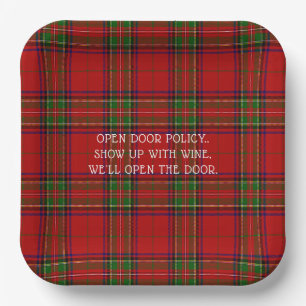 Plato De Papel Rojo Verde Cuadros Navideños Presenta vino
