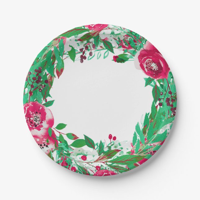 Plato De Papel Rojo Verde Fiesta Navidad Floral Flores Boda (Anverso)