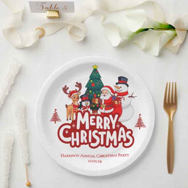 Plato De Papel Rojo y Blanco Feliz Navidad (Boda)