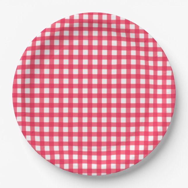 Plato De Papel Rojo y blanco Gingham Checkerboard (Anverso)