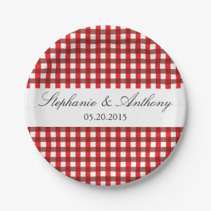 Plato De Papel Rojo y blanco Gingham Pattern Barbeque Boda