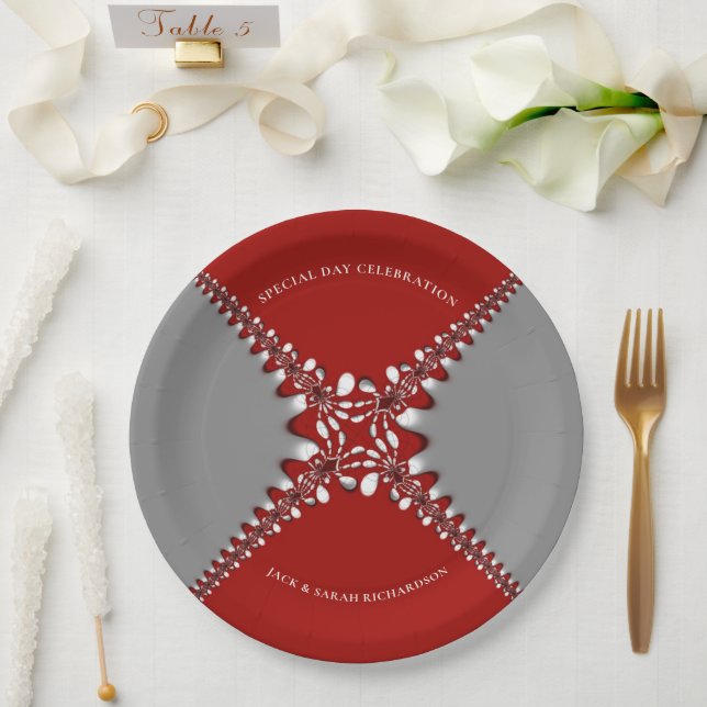 Plato De Papel Rojo y plateado Batik Fractal (Boda)