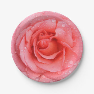 Plato De Papel Rojos Románticos Rosas Rosadas con gotas de agua
