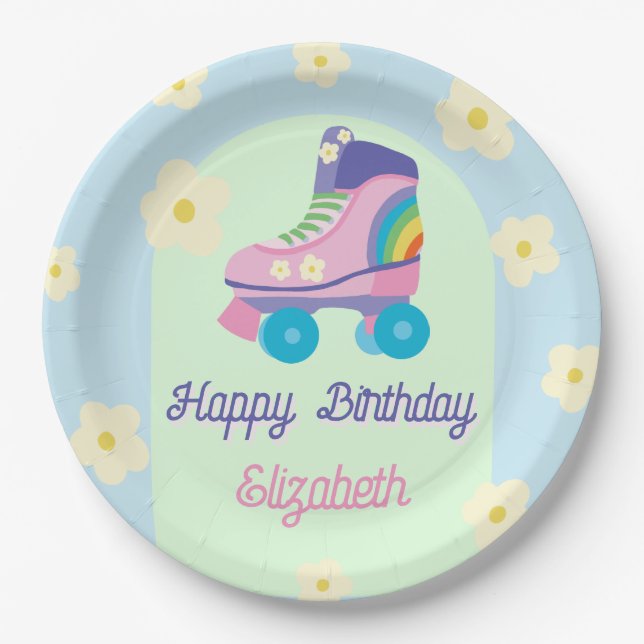 Plato De Papel Roller Skate Retro Feliz cumpleaños Daisy (Anverso)