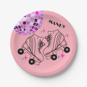 Plato De Papel Roller Skates Derby Skating Pink Disco Cumpleaños