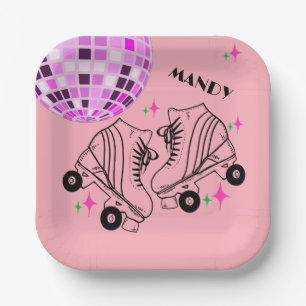 Plato De Papel Roller Skates Derby Skating Pink Disco Cumpleaños