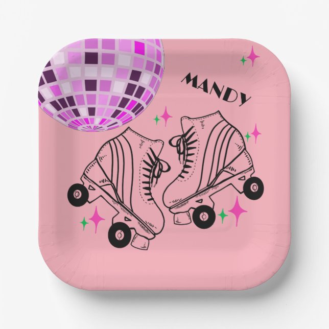 Plato De Papel Roller Skates Derby Skating Pink Disco Cumpleaños (Anverso)