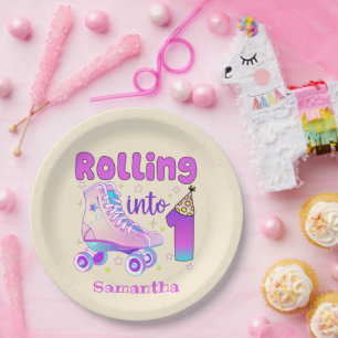 Plato De Papel Rolling Into 1 - Cute Purple Roller Skate Cumpleañ