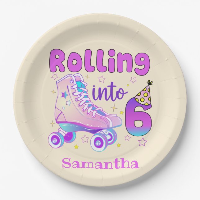 Plato De Papel Rolling Into 6 - Cute Purple Roller Skate Cumpleañ (Anverso)