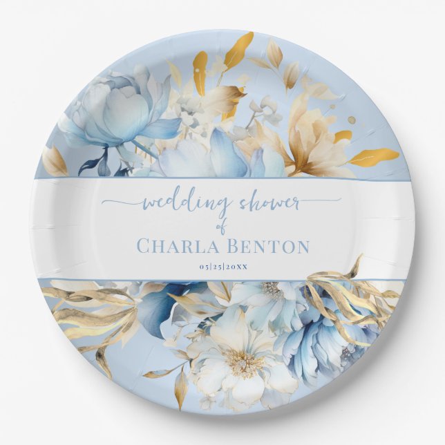 Plato De Papel Romance Blue Floral Gold Wedding Shower (Anverso)