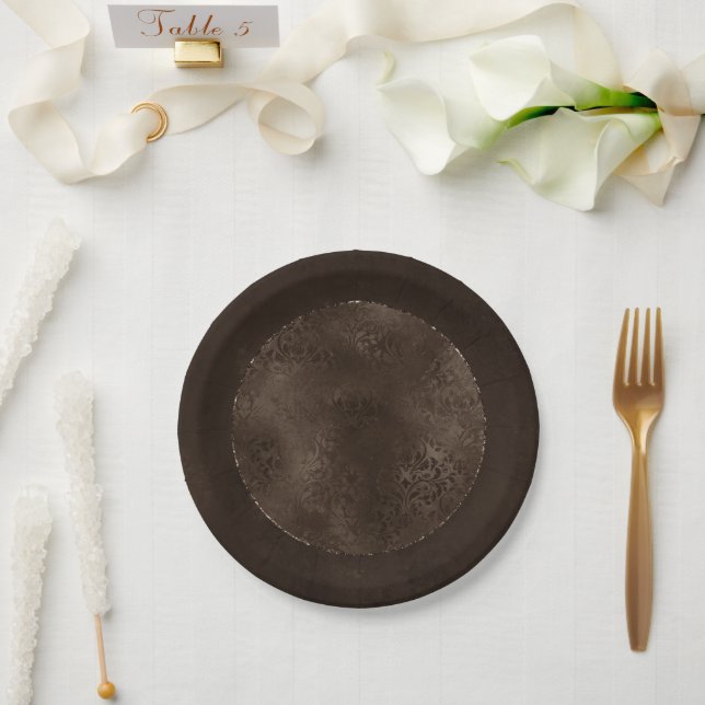 Plato De Papel Romance bronce de medianoche | Damasco satinado (Boda)