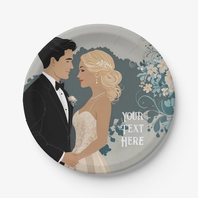 Plato De Papel Romance eterno: Novia acuarela y arte groom (Anverso)