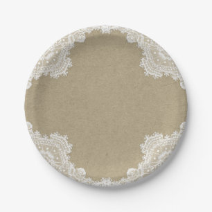 Plato De Papel Romance Rústico Elegante: Boda de Encaje Blanco y 