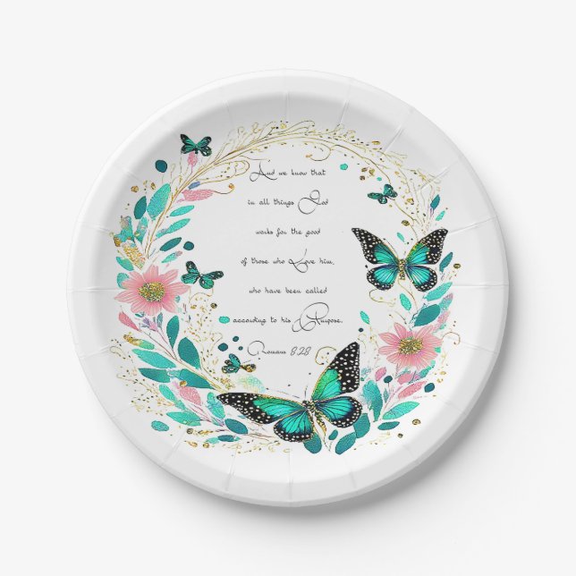 Plato De Papel Romanos 8:28 Flores y mariposas (Anverso)