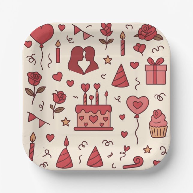 Plato De Papel Romantic Celebration Doodle Pattern (Anverso)