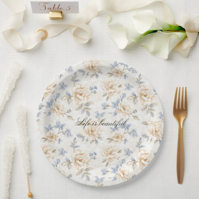 Plato De Papel Romantic Cream Floral Blue Leaves Wedding (Boda)