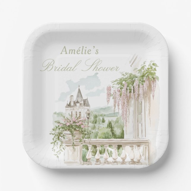 Plato De Papel Romantic French Garden Chateau Bridal Shower  (Anverso)