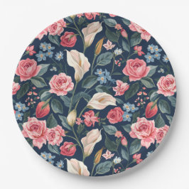 Plato De Papel Romantic Navy Blue Floral Garden Pattern