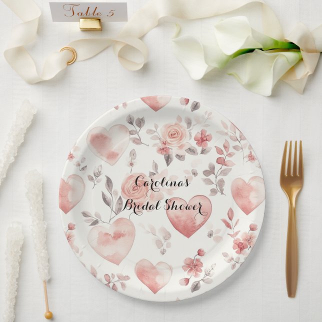 Plato De Papel Romantic Pink Hearts Roses Floral Bridal Shower (Boda)
