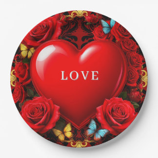 Plato De Papel Romantic Red Heart Framed by Roses and Butterflies