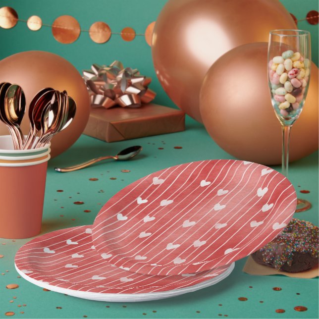 Plato De Papel Romantic Red White Stripes Hearts Love (Multi)