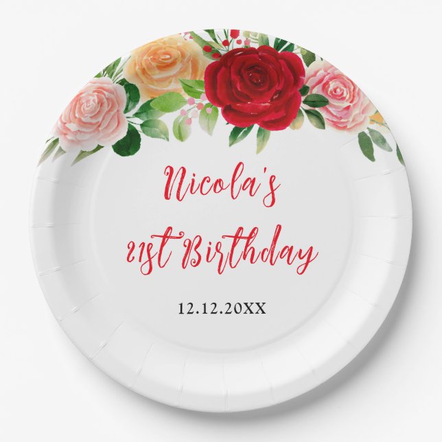 Plato De Papel Romantic Roses Floral Birthday (Anverso)