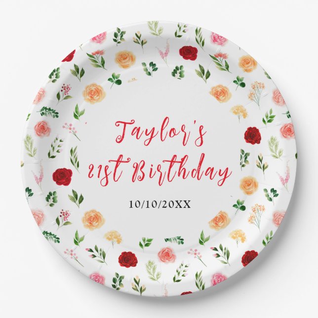 Plato De Papel Romantic Roses Floral Birthday (Anverso)