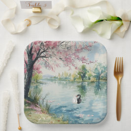 Plato De Papel Romantic Swans Lake Bridal Shower