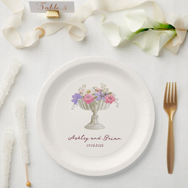 Plato De Papel Romantic Tuscan Garden Urn with Flowers Wedding (Boda)