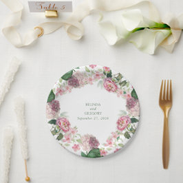 Plato De Papel Romántica acuarela Flores rosadas Boda Jardín