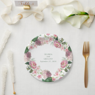 Plato De Papel Romántica acuarela Flores rosadas Boda Jardín