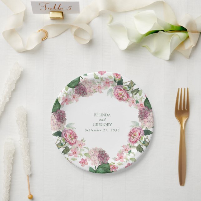 Plato De Papel Romántica acuarela Flores rosadas Boda Jardín (Boda)