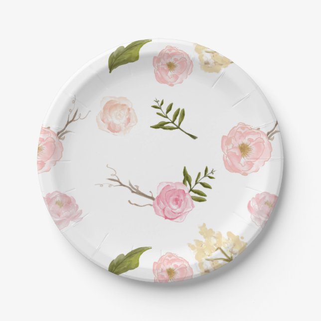 Plato De Papel Romántica acuarela rosa Jardín Floral (Anverso)