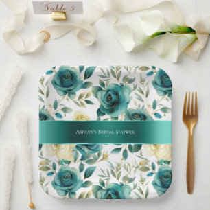 Plato De Papel Romántica crema verde verde Rosa floral