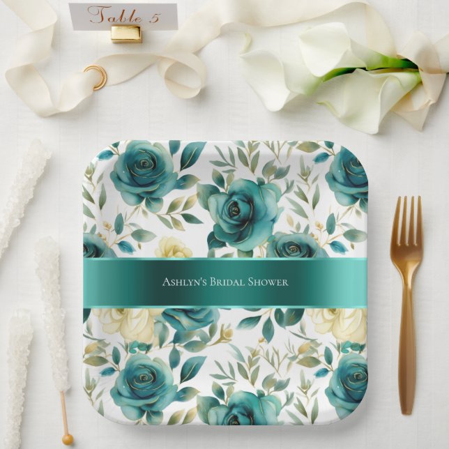 Plato De Papel Romántica crema verde verde Rosa floral (Boda)