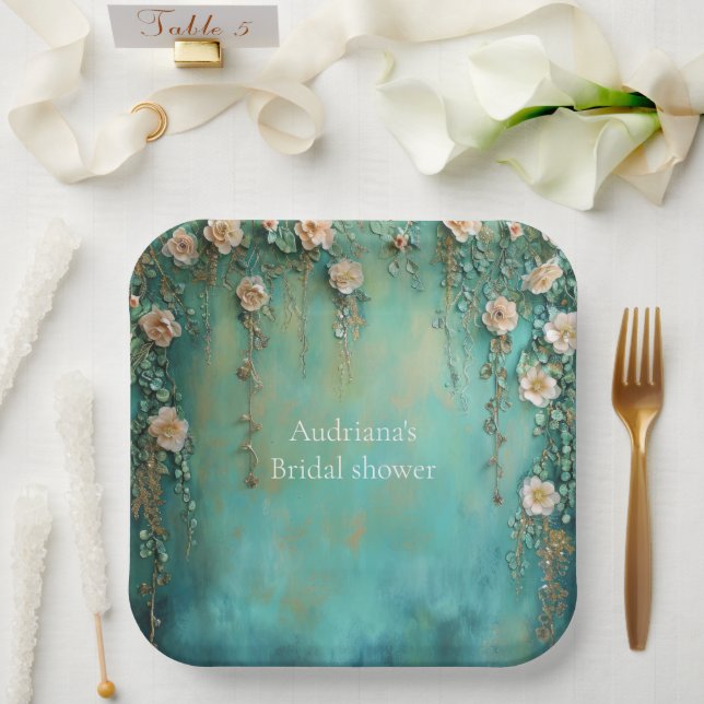 Plato De Papel Romántica ducha de novias Verde azulada Rubor con  (Boda)