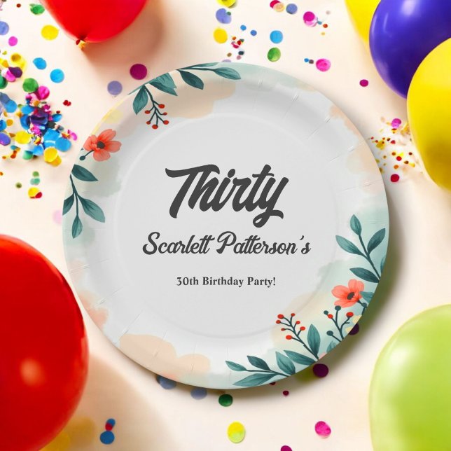 Plato De Papel Romántico acuarela Floral Verano 30 cumpleaños (Subido por el creador)