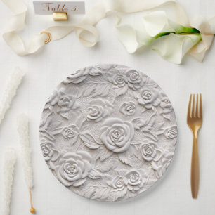 Plato De Papel Romántico Boda de cuero falso de rosas blancas