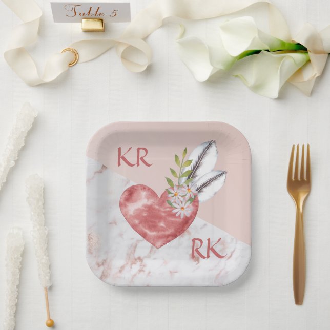 Plato De Papel Romántico Boho Pink Heart Feathers Daisy Marble (Boda)