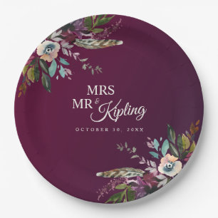 Plato De Papel Romántico Burgundy Floral Sr. y Sra. Boda