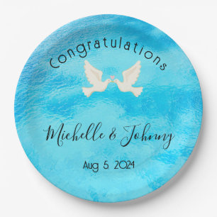 Plato De Papel Romántico - dos palomas con corazón rosado en azul