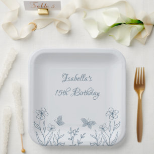 Plato De Papel Romántico elegante polvoriento azul floral