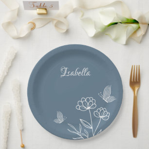 Plato De Papel Romántico elegante polvoriento azul floral