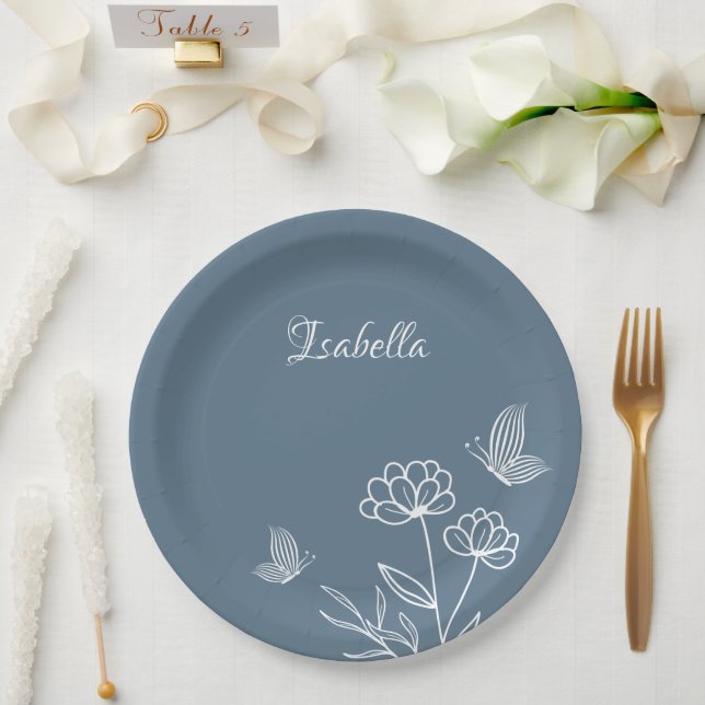Plato De Papel Romántico elegante polvoriento azul floral (Boda)